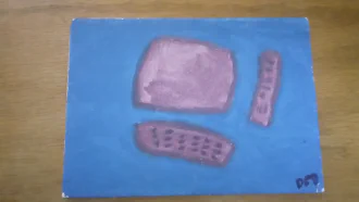 A small painting with a computer in shades of purple in the\nforeground and blue background, in a conceptual style, on a blonde wooden table\n