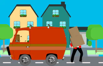 Illustration of a moving van in front of two houses, and a person hidden\nby the boxes they are carrying\n